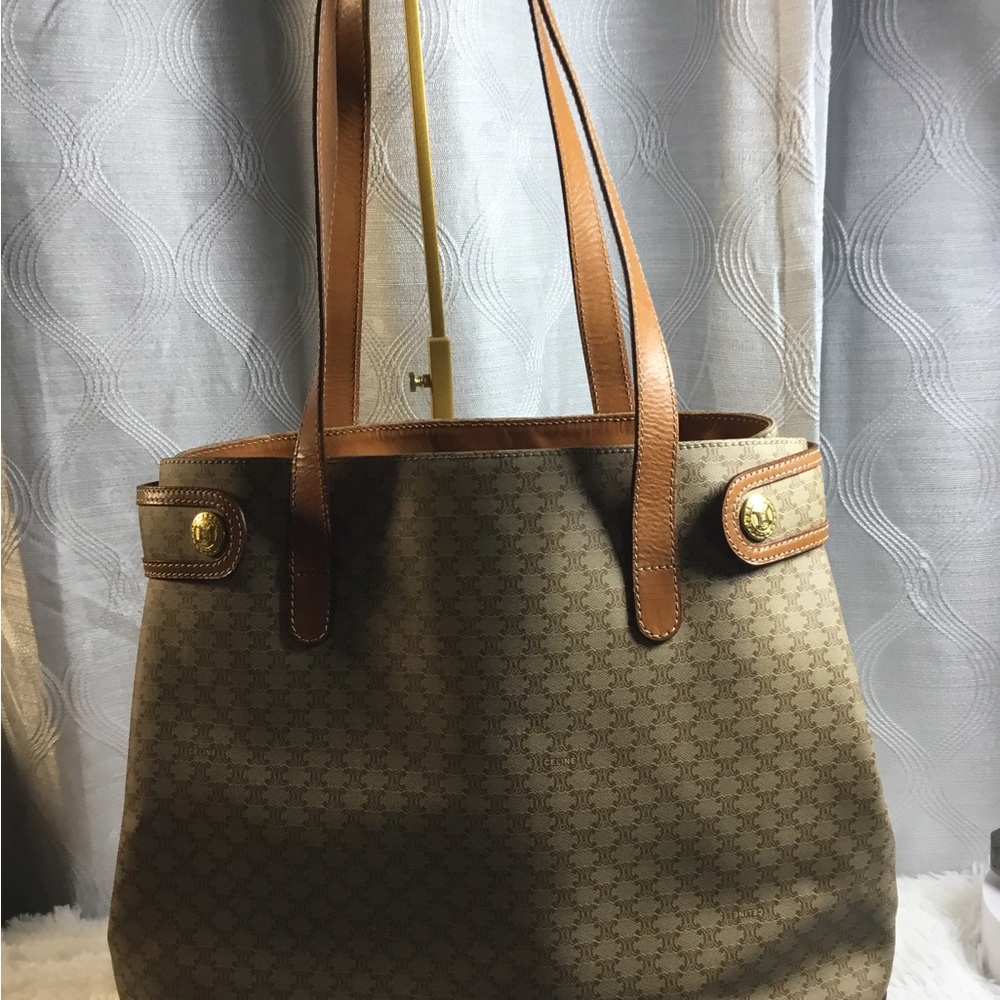 Celine Beige Canvas Tote with Brown Leather Trim
